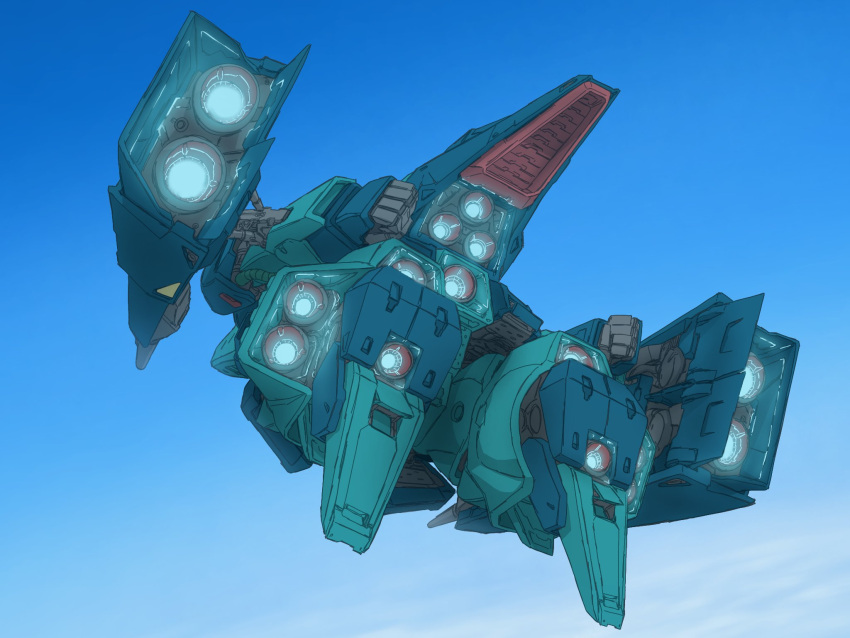 clenched_hands flying from_behind gaplant glowing gundam highres mecha mecha_kaku_man mobile_suit science_fiction sky solo thrusters zeta_gundam