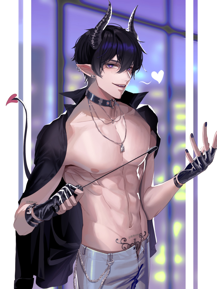 1boy absurdres bangs black_choker black_gloves black_nails black_shirt blue_pants blurry blurry_foreground choker demon_boy demon_horns demon_tail dog_tags earrings fangs fingerless_gloves gloves heart heart-shaped_pupils highres holding horns jewelry looking_at_viewer marius_von_hagen_(tears_of_themis) muscular muscular_male navel nipples open_clothes open_mouth open_shirt pants pointy_ears purple_hair shirt short_hair solo symbol-shaped_pupils tail tattoo tears_of_themis teeth violet_eyes window xiximie_(user_uhde8732)