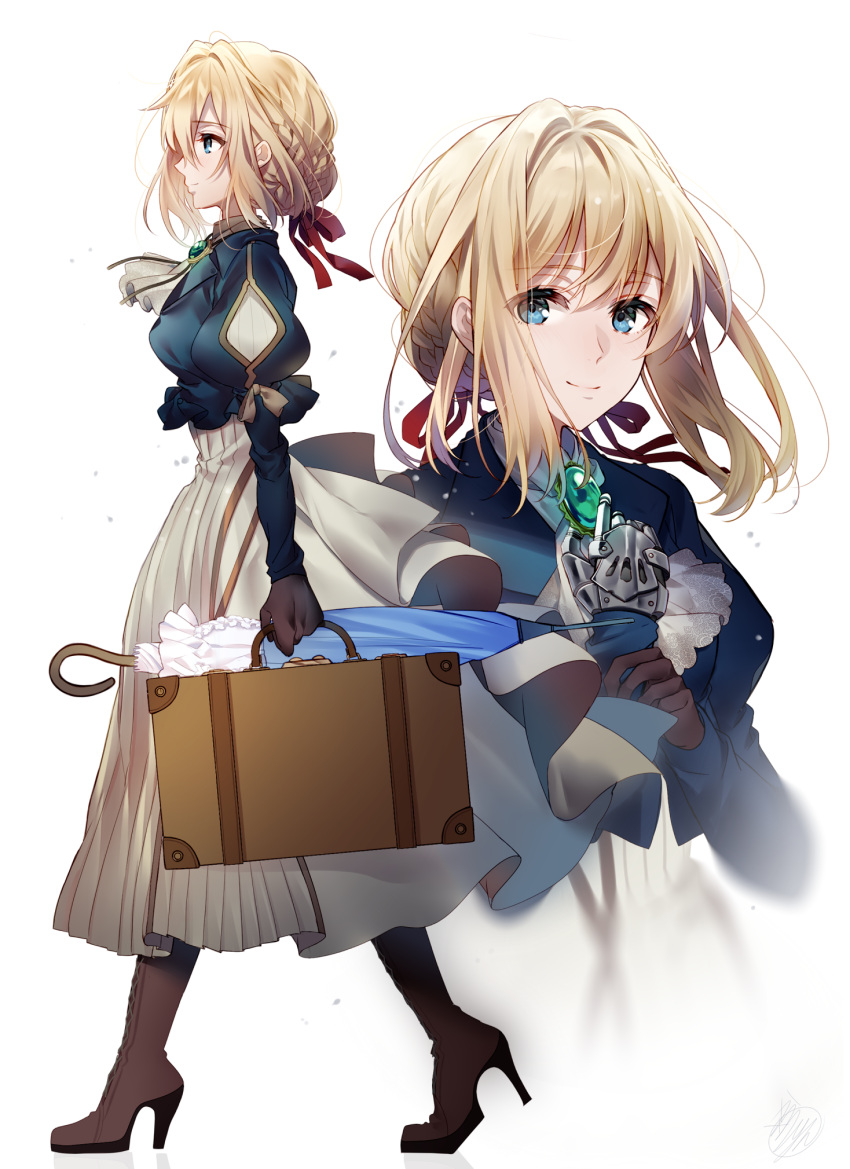 1girl ascot blonde_hair blue_eyes boots braid brooch brown_gloves cross-laced_footwear french_braid from_side gloves hair_intakes hair_ribbon high_heel_boots high_heels highres jewelry kawachi_rin lace-up_boots looking_at_viewer mechanical_hands red_ribbon ribbon sidelocks single_glove skirt smile solo suitcase umbrella violet_evergarden violet_evergarden_(series) white_background white_skirt