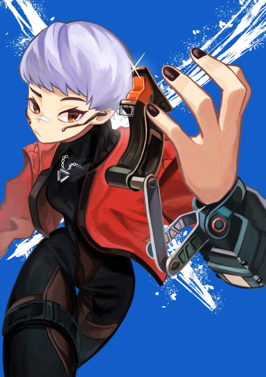 1girl animification apex_legends bandaid bandaid_on_nose black_bodysuit black_nails blue_background bodysuit breasts brown_eyes clip_studio_paint_(medium) grey_hair highres jacket jewelry making-of_available medium_breasts necklace open_hand red_jacket running short_hair solo soubu_yuusuke turtleneck valkyrie_(apex_legends)