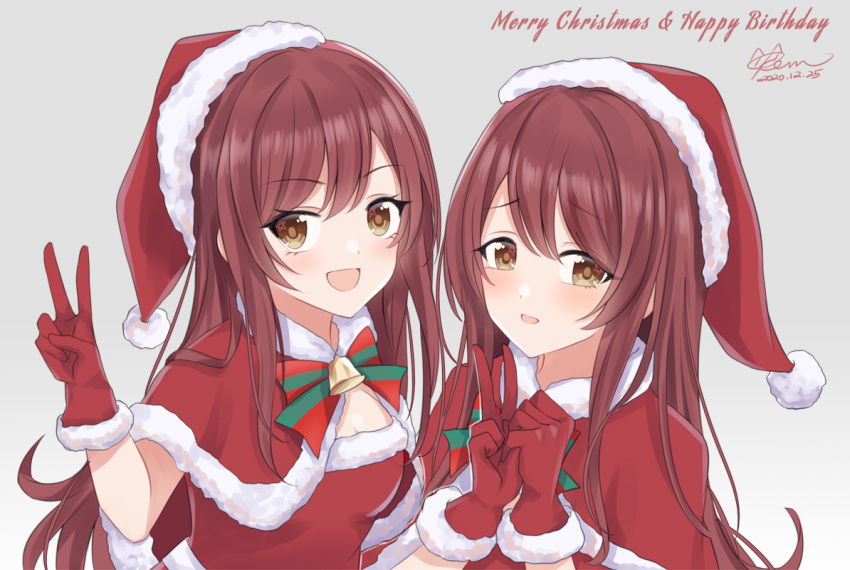 2girls :d bangs beret blush bow brown_eyes brown_hair capelet christmas closed_mouth commentary_request dress eyebrows_visible_through_hair gloves hair_between_eyes hat houndstooth hug idolmaster idolmaster_shiny_colors kevn long_hair multiple_girls oosaki_amana oosaki_tenka open_mouth plaid plaid_bow print_headwear red_capelet red_dress siblings sisters sitting smile snowflakes thigh-highs tilted_headwear very_long_hair white_gloves white_legwear