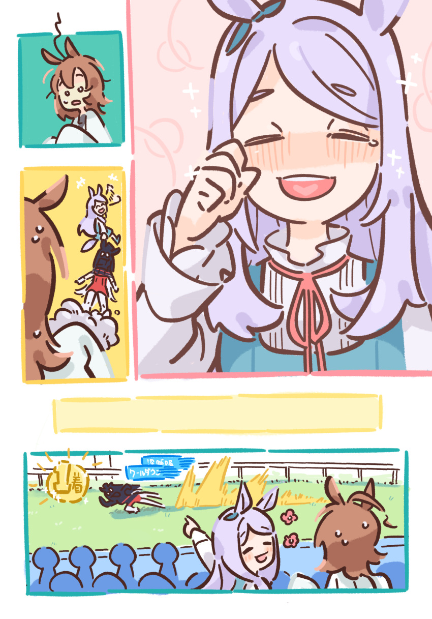 +++ 3girls :d agnes_tachyon_(umamusume) ahoge animal_ears blush brown_hair closed_eyes commentary_request crying dragging eyebrows_visible_through_hair from_behind gameplay_mechanics gold_ship_(umamusume) hc2002 highres horse_ears horse_girl horse_tail long_hair long_sleeves looking_at_another mejiro_mcqueen_(umamusume) multiple_girls neck_ribbon nose_blush pointing_at_another racing red_ribbon ribbon rubbing_eyes running shaded_face smile sweat tail umamusume upper_body white_hair