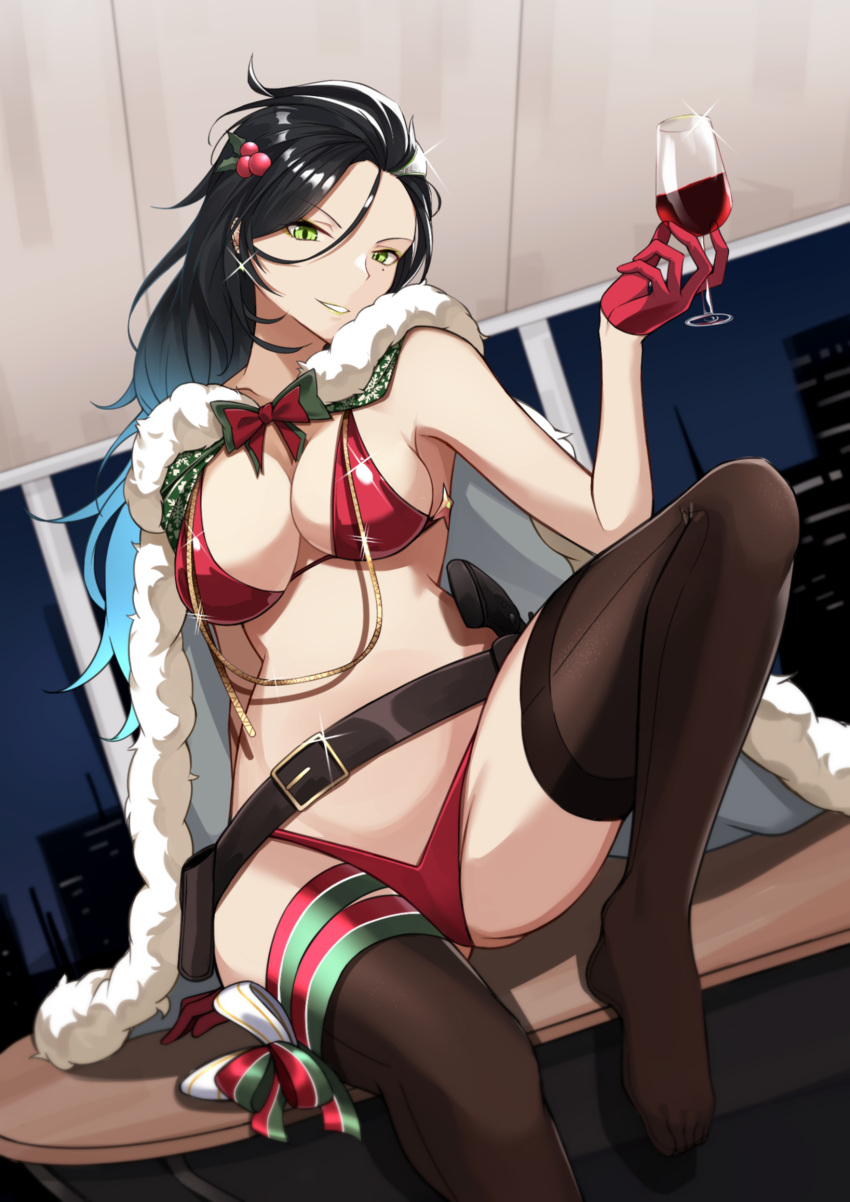 alcohol bikini christmas girls_frontline hakugin006 highres python_(girls'_frontline) red_bikini swimsuit wine