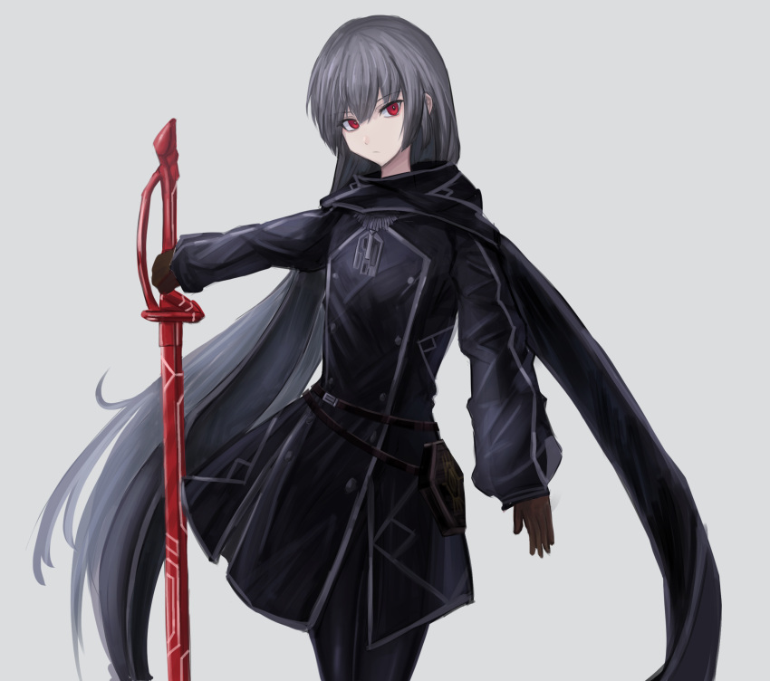 1girl absurdres bangs black_cape black_headwear black_jacket black_scarf blush boots cape closed_mouth crossed_legs duel_monster eyebrows_visible_through_hair glowing glowing_sword glowing_weapon grey_hair hair_between_eyes hat highres jacket kote_menn long_hair looking_at_viewer low_twintails peaked_cap pelt red_eyes scarf silver_hair sky_striker_ace_-_roze solo twintails two-tone_background two-tone_dress upper_body weapon white_background yu-gi-oh! yuu-gi-ou