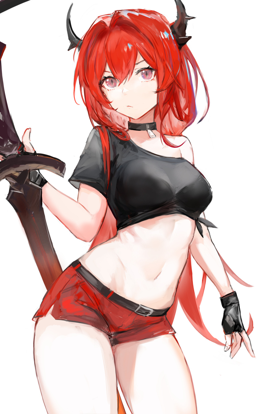 1girl adapted_costume arknights bare_arms bare_shoulders belt black_choker black_gloves black_shirt breasts choker closed_mouth commentary contrapposto cowboy_shot crop_top fingerless_gloves frown gloves gnai hair_between_eyes hair_intakes highres holding holding_sword holding_weapon horns long_hair looking_at_viewer medium_breasts micro_shorts midriff navel off_shoulder pink_eyes pout red_shorts redhead revealing_clothes shirt short_shorts short_sleeves shorts side-tie_shirt slit_pupils solo standing stomach surtr_(arknights) surtr_(liberte_echec)_(arknights) sword thighs v-shaped_eyebrows violet_eyes weapon