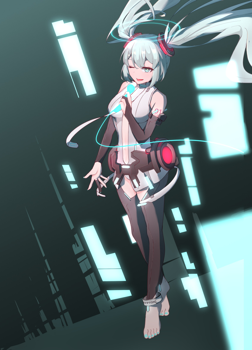 1girl absurdres alternate_costume anklet aqua_eyes aqua_hair aqua_nails bangs barefoot black_pants breasts bridal_gauntlets cleavage_cutout clothing_cutout detached_sleeves english_commentary eyelashes floating grey_shirt hand_up hatsune_miku highres holding holding_microphone jager jewelry long_hair medium_breasts microphone miku_append nail_polish navel_cutout one_eye_closed pants shiny shiny_hair shirt sidelocks sleeveless sleeveless_shirt soles solo thigh_cutout toenail_polish toenails toes twintails very_long_hair vocaloid vocaloid_append