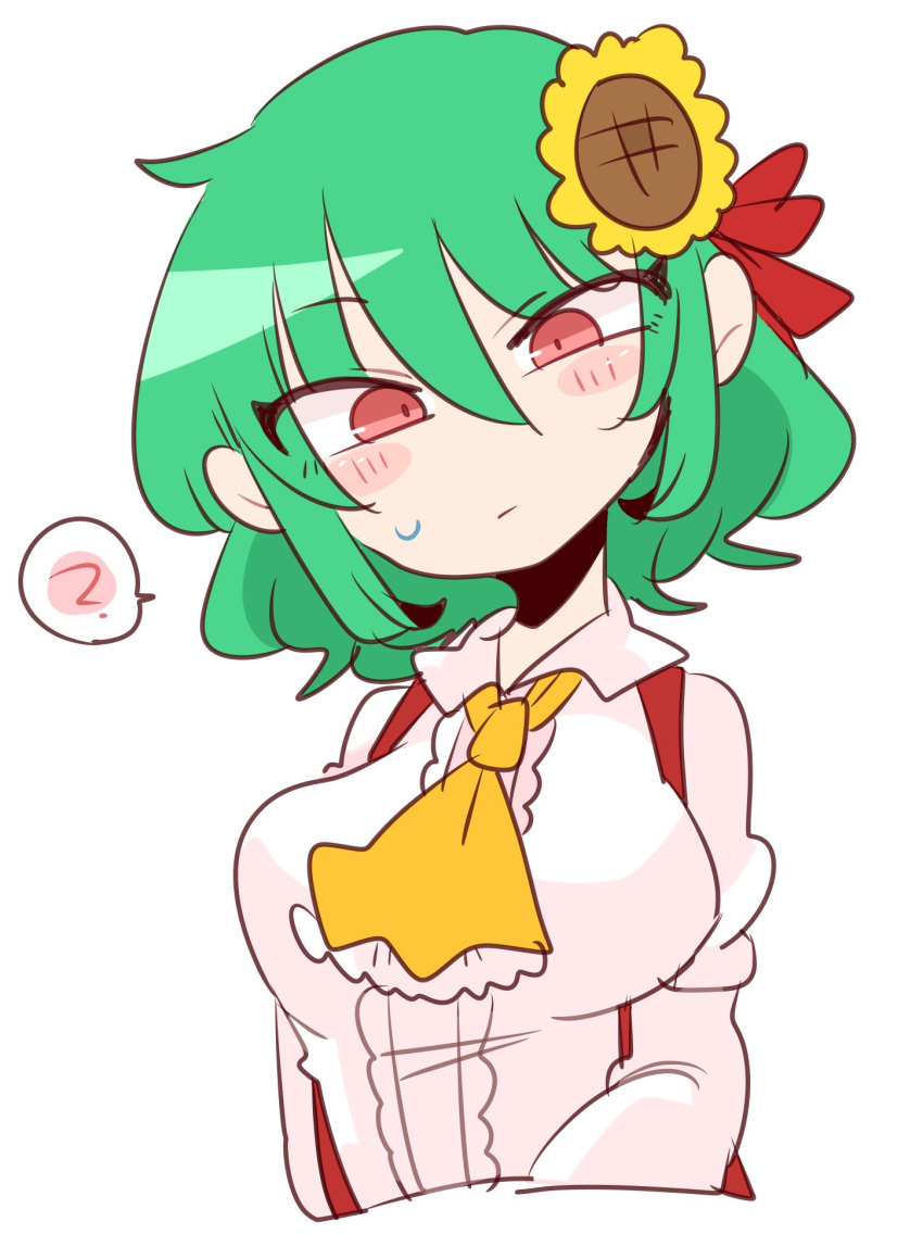 1girl ? ascot bangs blush blush_stickers breasts flower green_hair hair_flower hair_ornament head_tilt highres kazami_yuuka large_breasts long_sleeves looking_at_viewer medium_hair op_na_yarou red_eyes simple_background solo spoken_question_mark sweatdrop symbol-only_commentary touhou upper_body white_background yellow_ascot