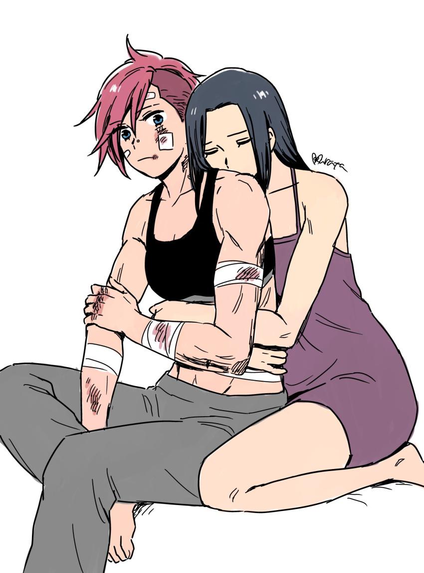 2girls arcane:_league_of_legends bandage_on_face bandaged_arm bandages bare_legs biceps black_hair bruise bruise_on_face caitlyn_(league_of_legends) facial_tattoo highres hug hug_from_behind injury league_of_legends multiple_girls murata_(igaratara) muscular muscular_female nightgown pants pink_hair sidecut simple_background sports_bra sweatpants tattoo vi_(league_of_legends) yuri