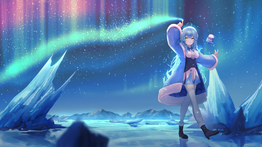 1girl ahoge arm_up aurora bangs blue_bow blue_bowtie blue_coat blue_hair blue_skirt blush boots bow bowtie breasts closed_mouth coat commentary_request corset daifuku_(yukihana_lamy) day eyebrows_visible_through_hair frilled_skirt frills fur-trimmed_coat fur_trim high_heel_boots high_heels highres hololive ice long_hair long_sleeves looking_away medium_breasts multicolored_hair night night_sky open_clothes open_coat outdoors print_skirt ribbon-trimmed_legwear ribbon_trim shirt skirt sky smile snowflake_print solo standing star_(sky) starry_sky streaked_hair thigh-highs very_long_hair virtual_youtuber white_legwear white_shirt wide_sleeves yellow_eyes yoruillust yukihana_lamy