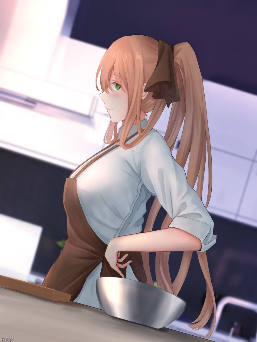 1girl absurdres apron artist_name bangs blush breasts brown_apron brown_ribbon closed_mouth cozie178 eyebrows_visible_through_hair girls_frontline green_eyes hair_between_eyes hair_ribbon hand_on_hip highres kitchen kitchen_scale long_hair looking_to_the_side orange_hair ponytail ribbon shirt simple_background smile solo springfield_(girls'_frontline) upper_body weighing_scale white_shirt