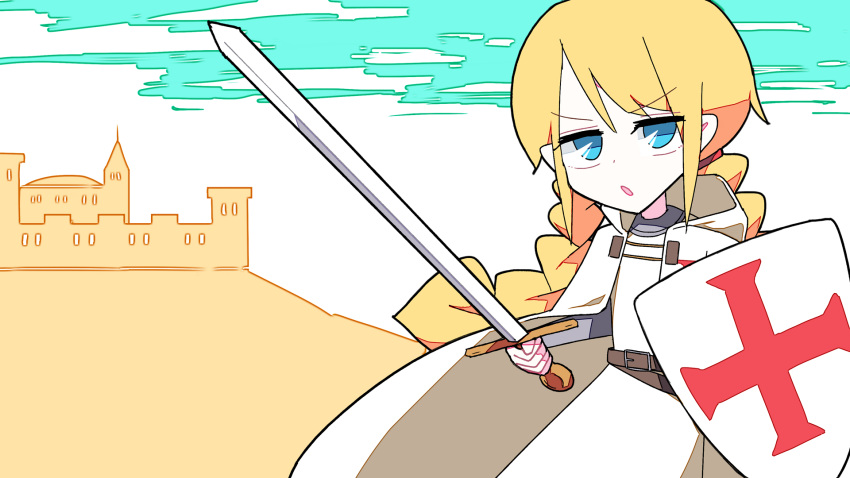 1girl belt belt_buckle blonde_hair blue_eyes braid brown_belt buckle cape castle clouds crusader_kings eyebrows_visible_through_hair hair_tie highres holding holding_shield holding_sword holding_weapon knight knights_templar medieval open_mouth sarawaritai shield sidelocks solo sword twintails v-shaped_eyebrows weapon white_cape