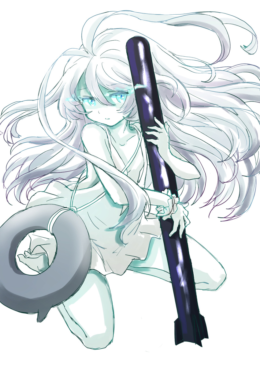 1girl abyssal_ship blue_eyes camisole fuji_(pixiv24804665) full_body glowing glowing_eyes hair_between_eyes highres holding holding_torpedo kantai_collection long_hair new_submarine_princess pale_skin shaded_face simple_background solo spaghetti_strap torpedo white_background white_camisole white_hair