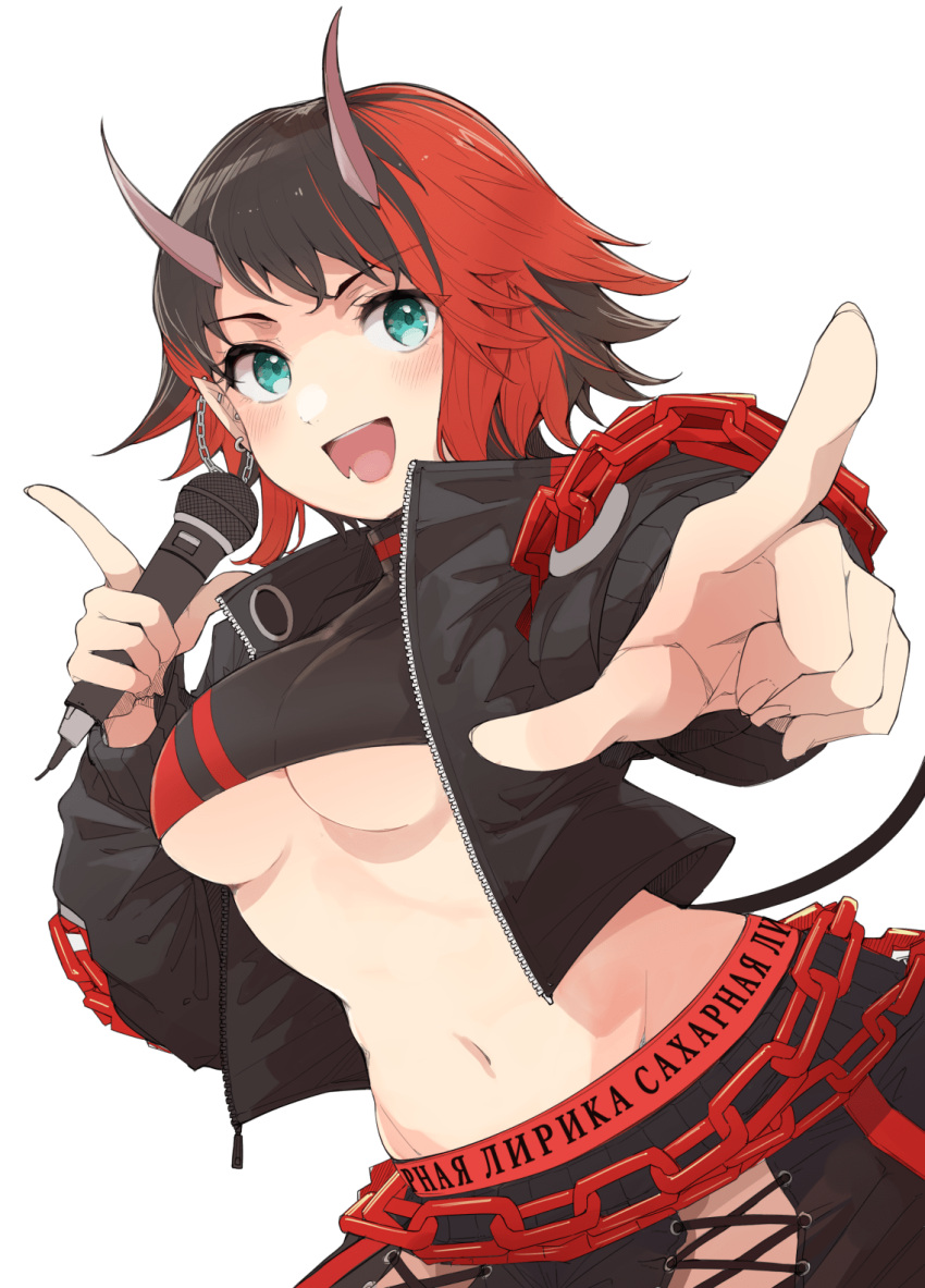 1girl bangs black_hair black_jacket black_pants black_sports_bra blue_eyes blush breasts chain commentary_request cowboy_shot cropped_jacket cross-laced_pants demon_girl demon_horns demon_tail ear_chain ear_piercing eyebrows_visible_through_hair goten_(510gensoku) highres holding holding_microphone horns jacket large_breasts looking_at_viewer microphone midriff multicolored_hair navel open_clothes open_jacket open_mouth pants piercing pointing pointing_at_viewer pointy_ears red_pants red_sports_bra redhead russian_text ryugasaki_rene short_hair simple_background smile solo sports_bra sugar_lyric tail transparent_background two-tone_hair two-tone_pants under_boob virtual_youtuber zipper