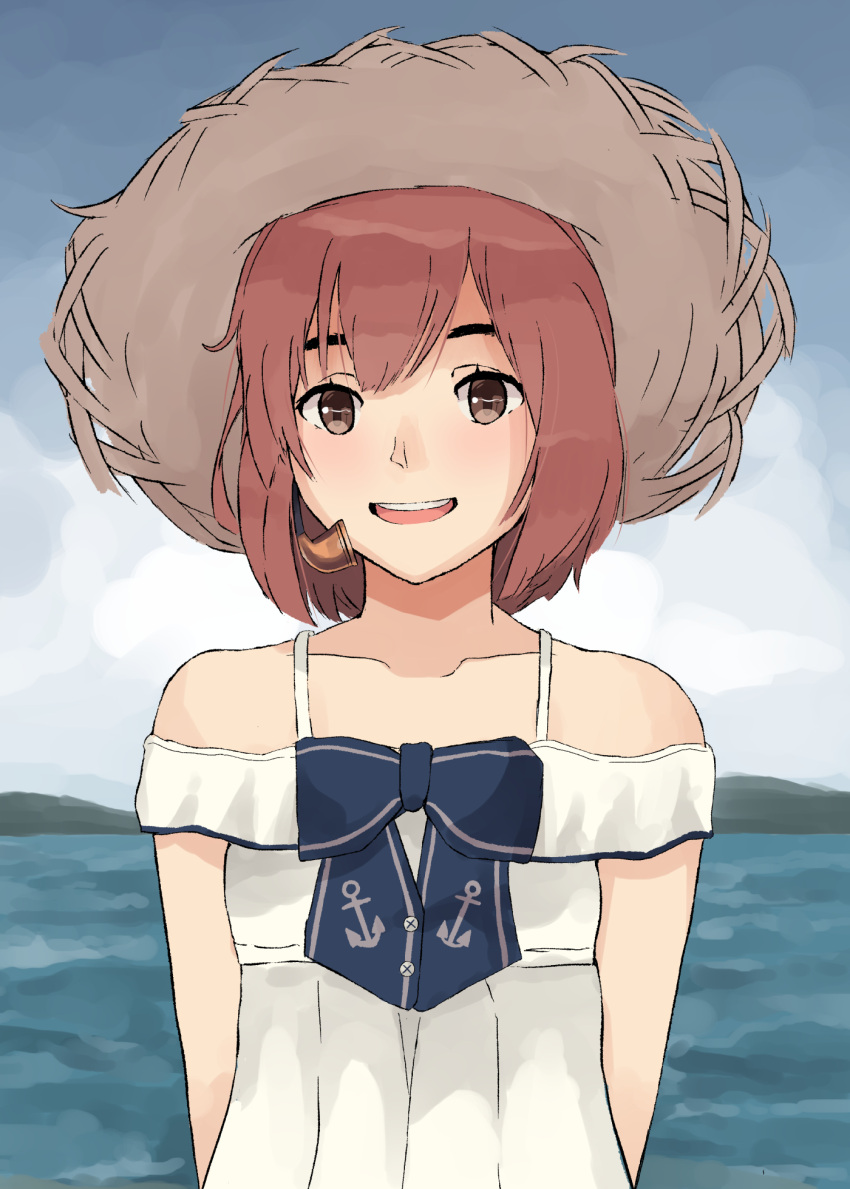 blue_sky brown_eyes brown_hair clouds commentary_request day dress hat highres kantai_collection looking_at_viewer nakano_kiho ocean official_alternate_costume outdoors short_hair sky speaking_tube_headset straw_hat sundress upper_body white_dress yukikaze_(kancolle)