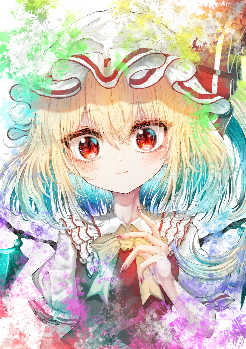 1girl absurdres bangs blonde_hair blue_background blue_hair blush bow bowtie breasts closed_mouth collar collared_shirt crystal dress eyebrows_visible_through_hair eyes_visible_through_hair fingernails flandre_scarlet frills gradient gradient_hair green_background green_hair hair_between_eyes hand_up hat hat_ribbon highres jewelry kayon_(touzoku) looking_at_viewer medium_breasts mob_cap multicolored_background multicolored_hair multicolored_wings one_side_up orange_background pink_background pointy_ears purple_background red_background red_dress red_eyes red_nails red_ribbon ribbon shirt short_hair smile solo touhou white_background white_headwear white_shirt wings yellow_background yellow_bow yellow_bowtie