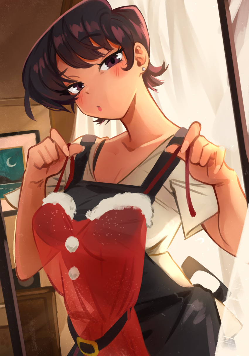 1girl absurdres apron black_hair blush breasts commentary curtains earrings english_commentary eyebrows_visible_through_hair highres holding holding_clothes holding_up indoors jewelry khyle. komi-san_wa_komyushou_desu komi_shuuko looking_at_mirror looking_at_viewer mirror picture_(object) santa_costume shirt short_hair solo stud_earrings white_shirt