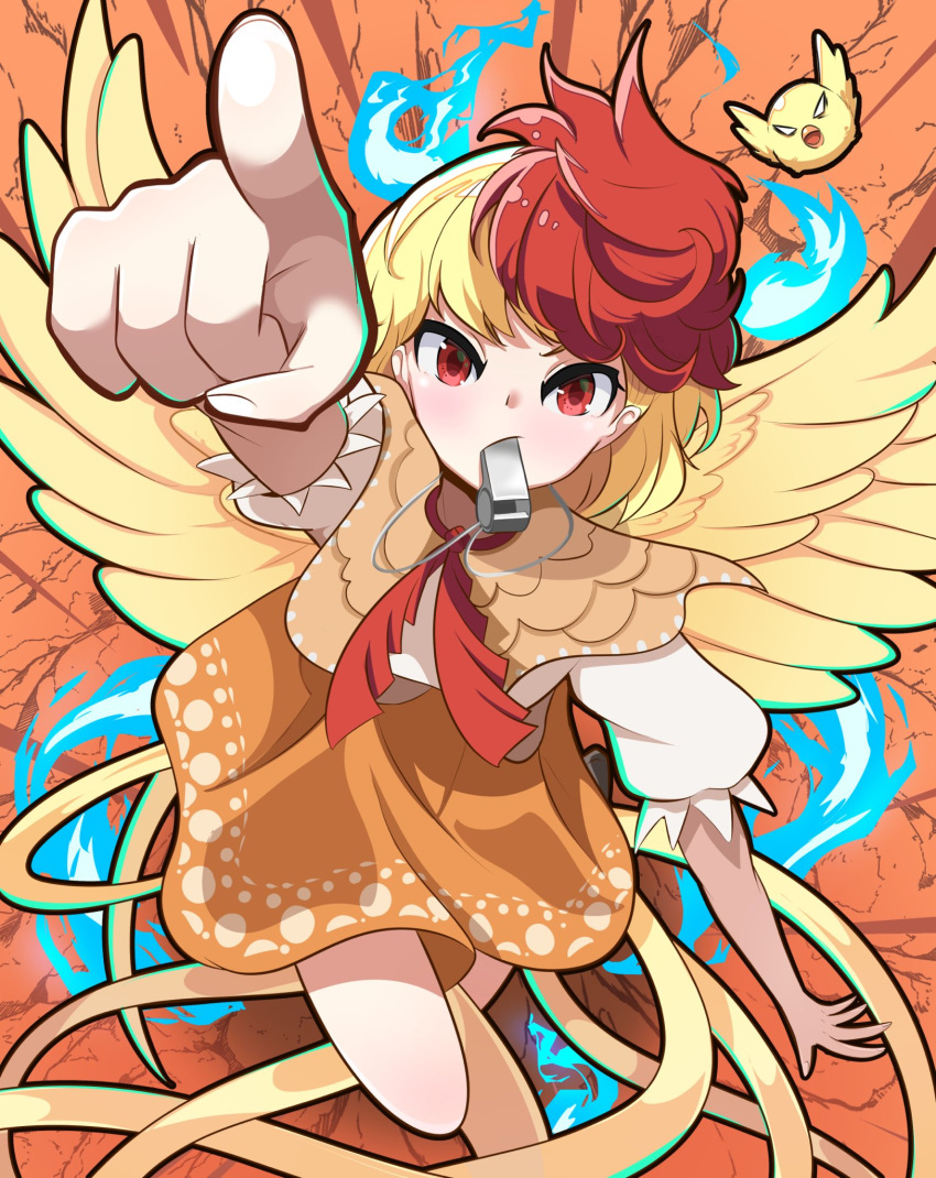 1girl bird bird_tail bird_wings blonde_hair capelet chick chicken commentary_request dress feathered_wings highres maou_nerunerune multicolored_hair neckerchief niwatari_kutaka orange_capelet orange_dress pointing puffy_short_sleeves puffy_sleeves red_eyes red_neckerchief redhead shirt short_sleeves tail touhou touhou_gouyoku_ibun two-tone_hair whistle whistling white_shirt wings yellow_wings