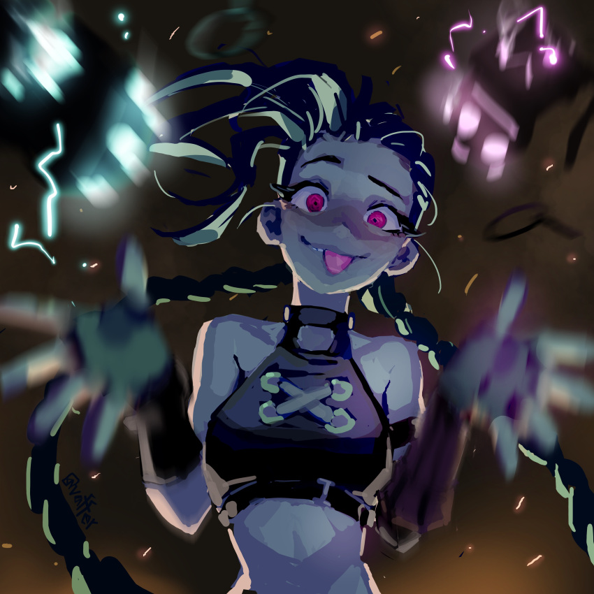 1girl absurdres arcane:_league_of_legends arcane_jinx bangs bare_shoulders black_choker black_gloves blurry blurry_foreground braid breasts choker explosive fingerless_gloves gloves green_hair grenade highres jinx_(league_of_legends) league_of_legends long_hair looking_at_viewer small_breasts smile solo teeth tongue tongue_out twin_braids upper_body vaffer