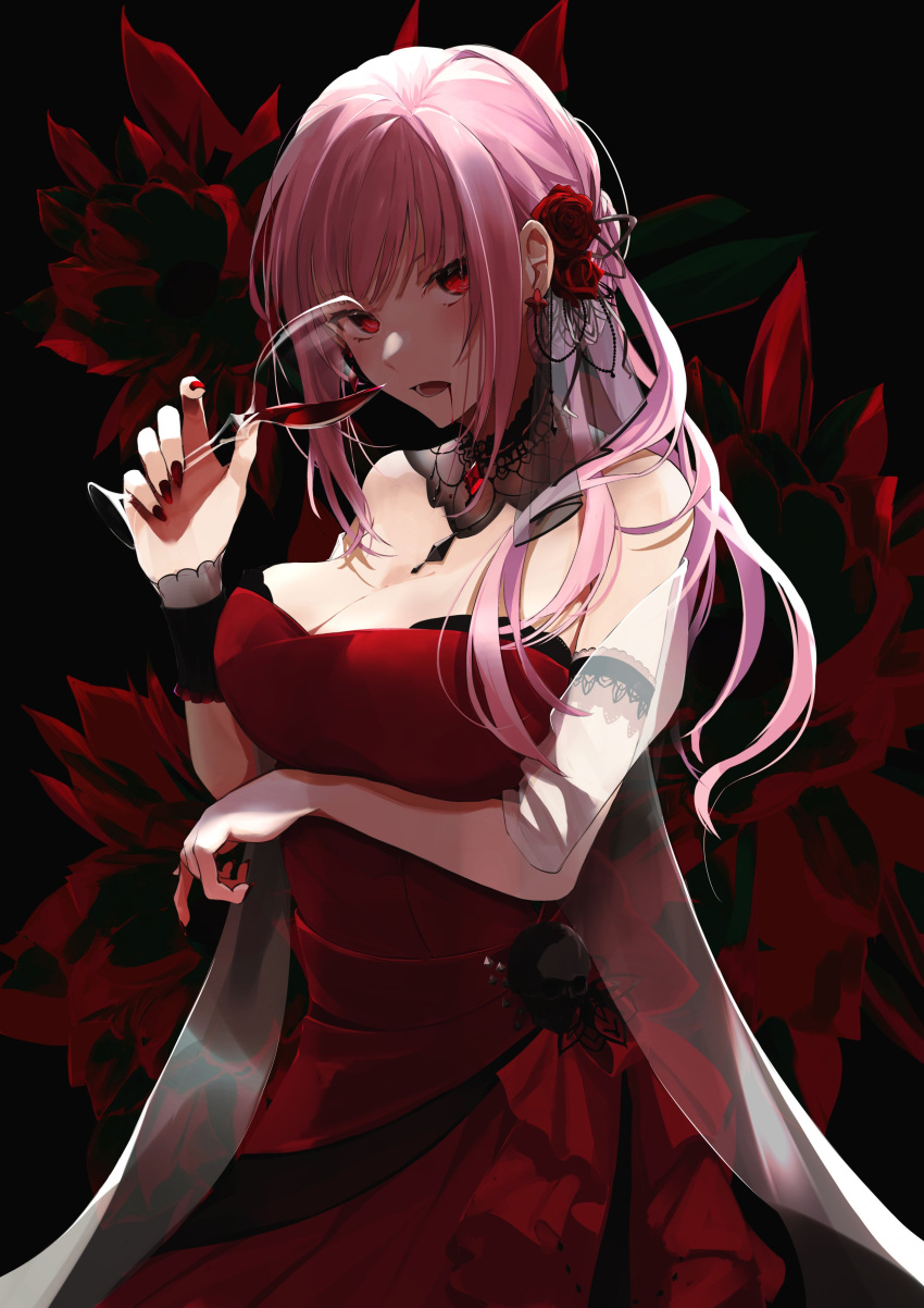 1girl absurdres alcohol bare_shoulders black_background breasts cowboy_shot cup detached_collar dress drinking_glass earrings floral_background flower hair_flower hair_ornament highres holding holding_cup hololive hololive_english jewelry looking_at_viewer medium_breasts mori_calliope open_mouth pink_hair red_eyes rose skull sleeveless solo strapless strapless_dress t-one teeth tongue wine wine_glass