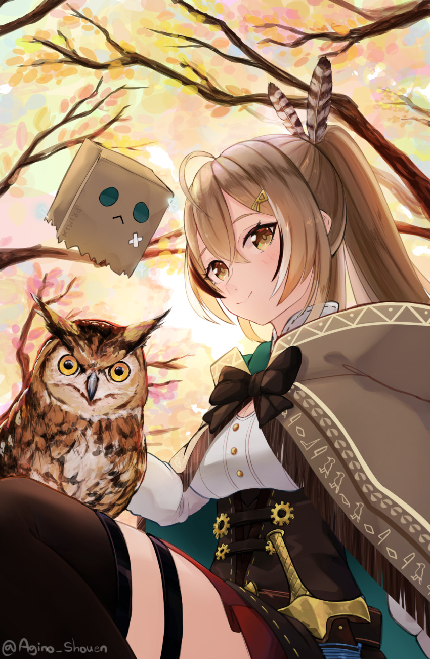 1girl agino ahoge bangs bird breasts brown_capelet brown_eyes brown_hair capelet cloak commentary corset dagger english_commentary eyebrows_visible_through_hair eyes_visible_through_hair feather_hair_ornament feathers friend_(nanashi_mumei) hair_ornament hairclip highres hololive hololive_english knife long_sleeves looking_at_viewer medium_breasts nanashi_mumei owl ponytail red_skirt sheath sheathed shirt skirt smile tree underbust virtual_youtuber weapon white_shirt