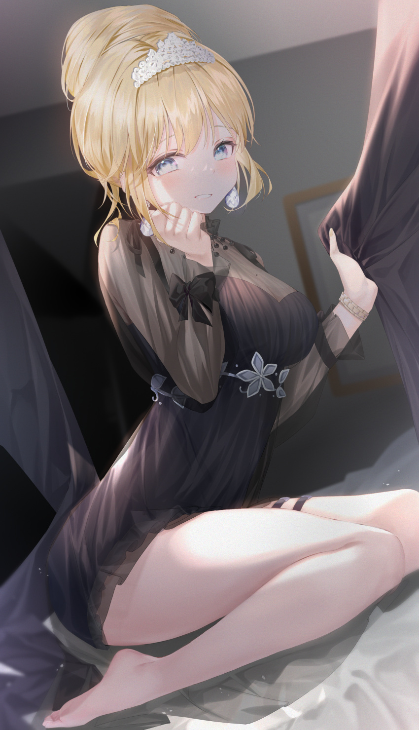 1girl absurdres barefoot black_dress blonde_hair blue_eyes breasts dress earrings formal gem grin hair_bun highres hololive hololive_english jewelry long_hair mole mole_on_breast necklace official_alternate_costume pola_(1021) see-through_dress see-through_sleeves sitting smile solo thigh_strap tiara virtual_youtuber watson_amelia