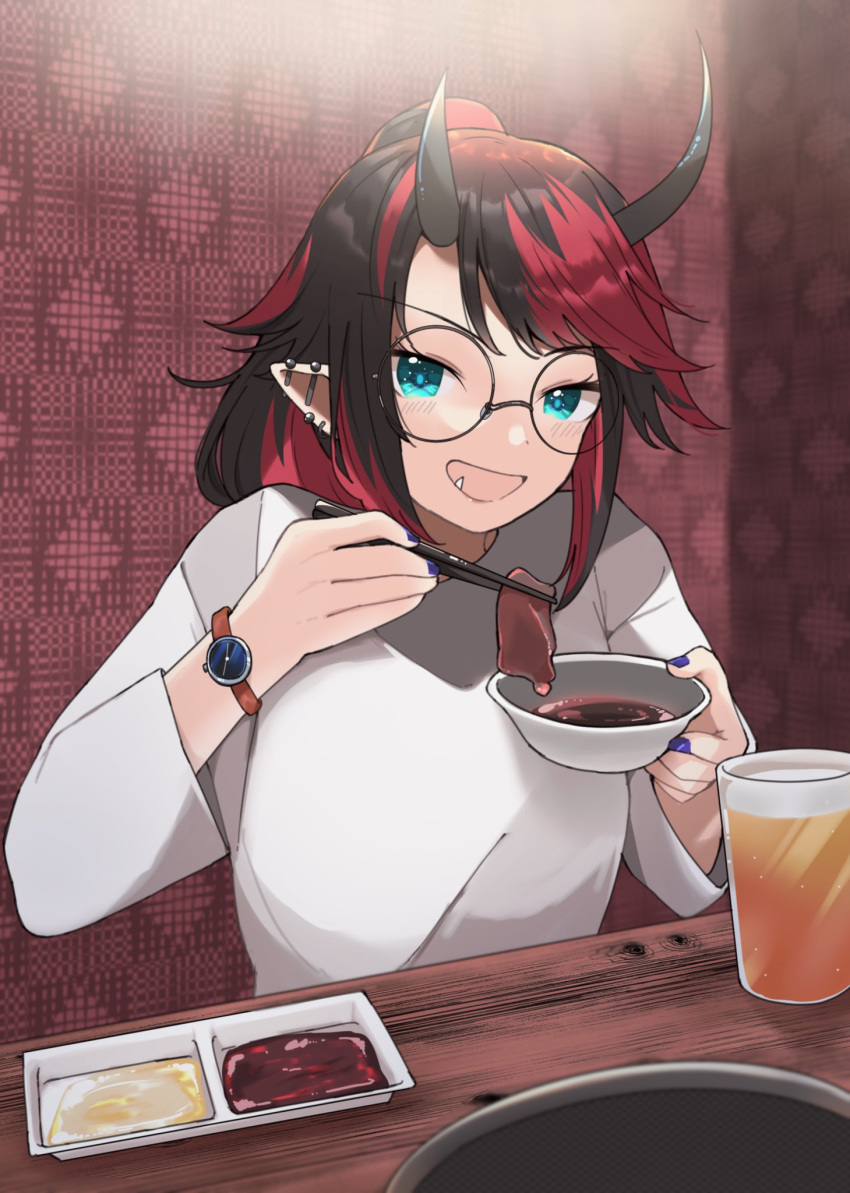 1girl alcohol alternate_costume alternate_hairstyle bangs beer black-framed_eyewear black_hair blue_eyes blush bowl breasts chopsticks commentary_request demon_girl demon_horns dipping ear_piercing eating food glass glasses high_ponytail highres holding holding_bowl holding_chopsticks horns large_breasts long_hair long_sleeves looking_at_viewer meat multicolored_hair nail_polish open_mouth piercing pointy_ears ponytail purple_nails redhead round_eyewear ryugasaki_rene shirt smile solo sugar_lyric table two-tone_hair upper_body virtual_youtuber watch watch white_shirt zono_(inokura_syuzo029)