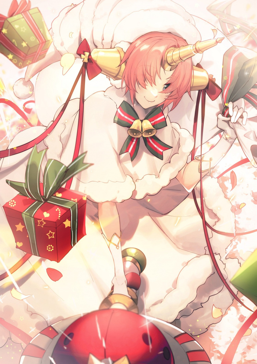 1girl bangs bell blue_eyes box breasts dress fate/grand_order fate/grand_order_arcade fate_(series) frankenstein's_monster_(christmas)_(fate) frankenstein's_monster_(fate) gift gift_box hair_over_eyes headgear highres horns jingle_bell large_hat mechanical_horns medium_breasts no-kan pink_hair sack short_hair single_horn smile solo staff white_dress white_headwear