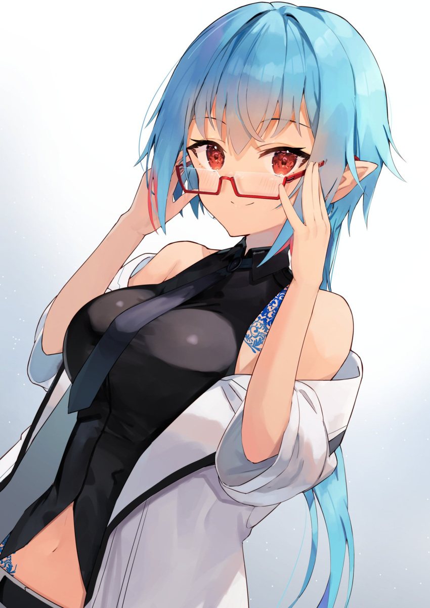 1girl black_necktie black_neckwear blue_hair breasts closed_mouth commentary_request glasses highres kuroshiro_kanae long_hair looking_at_viewer medium_breasts necktie original red_eyes smile solo