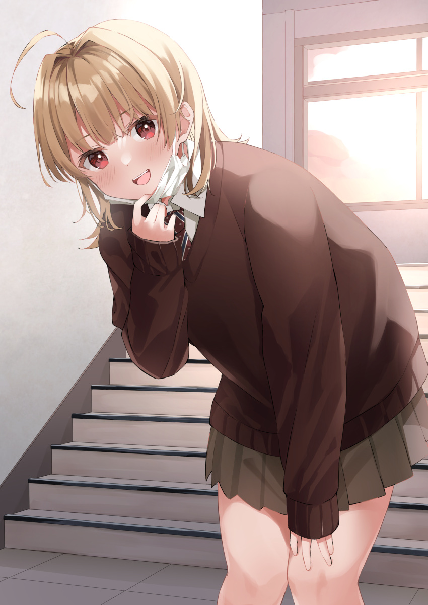 1girl :d absurdres ahoge akagikou bangs blonde_hair blush brown_skirt brown_sweater commentary_request eyebrows_visible_through_hair feet_out_of_frame hair_intakes highres indoors long_sleeves looking_at_viewer mask mask_pull mouth_mask original pleated_skirt red_eyes school_uniform skirt sleeves_past_wrists smile solo stairs standing surgical_mask sweater window
