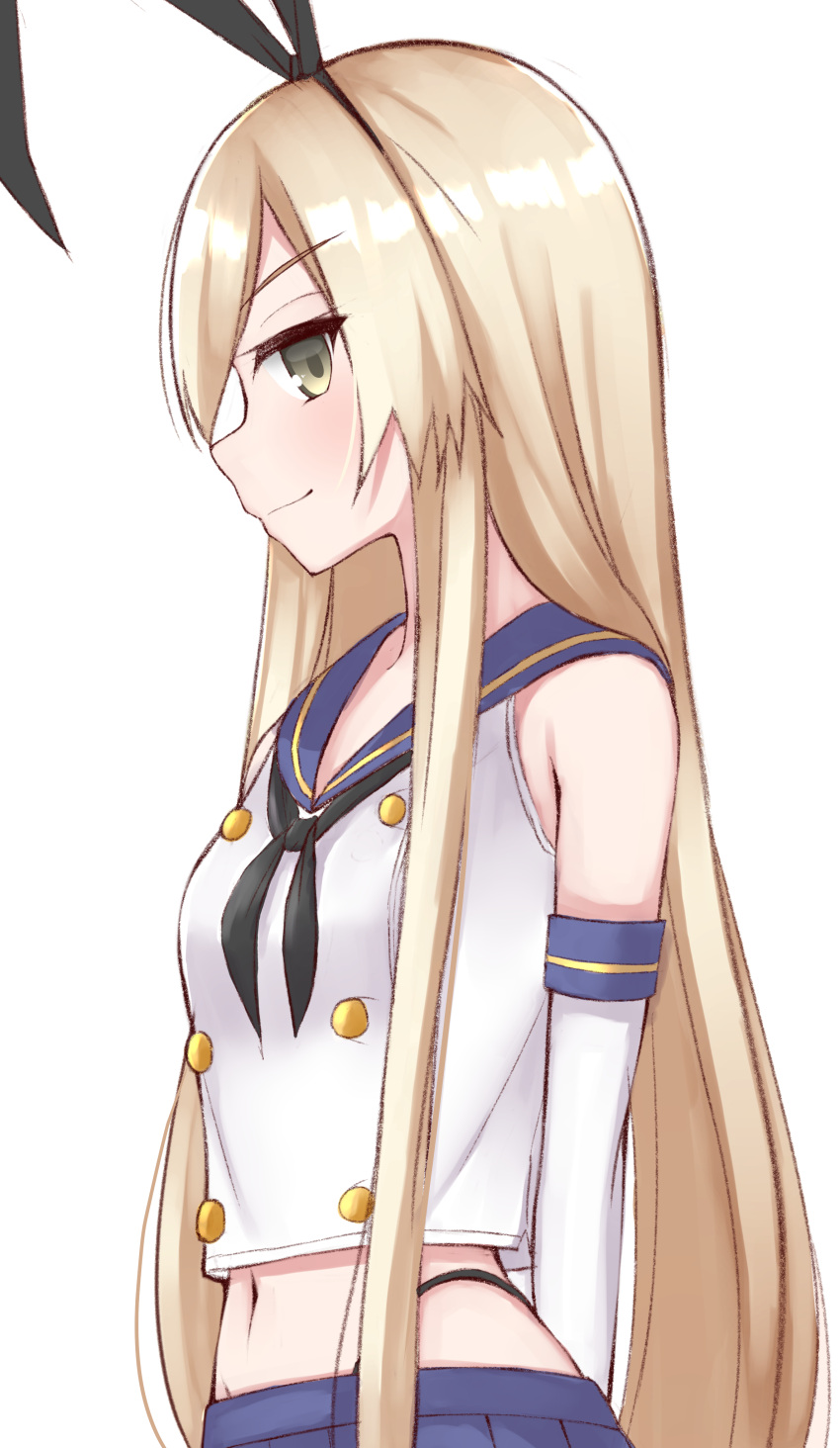 1girl absurdres black_neckerchief blonde_hair blue_skirt blush brown_eyes closed_mouth crop_top elbow_gloves eyebrows_visible_through_hair gloves hairband highres kantai_collection long_hair looking_at_viewer microskirt navel neckerchief pleated_skirt shimakaze_(kancolle) skirt sleeveless smile solo tiemu_(man190) upper_body white_gloves