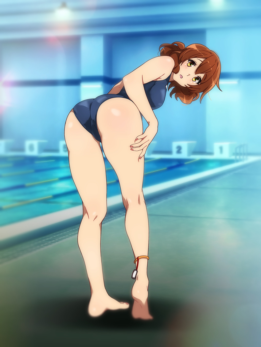 1girl ass bangs bent_over blush breasts brown_hair full_body hibike!_euphonium highres legs looking_at_viewer medium_hair one-piece_swimsuit open_mouth oumae_kumiko pool poolside sbel02 school_swimsuit solo standing swimsuit thighs wavy_hair yellow_eyes