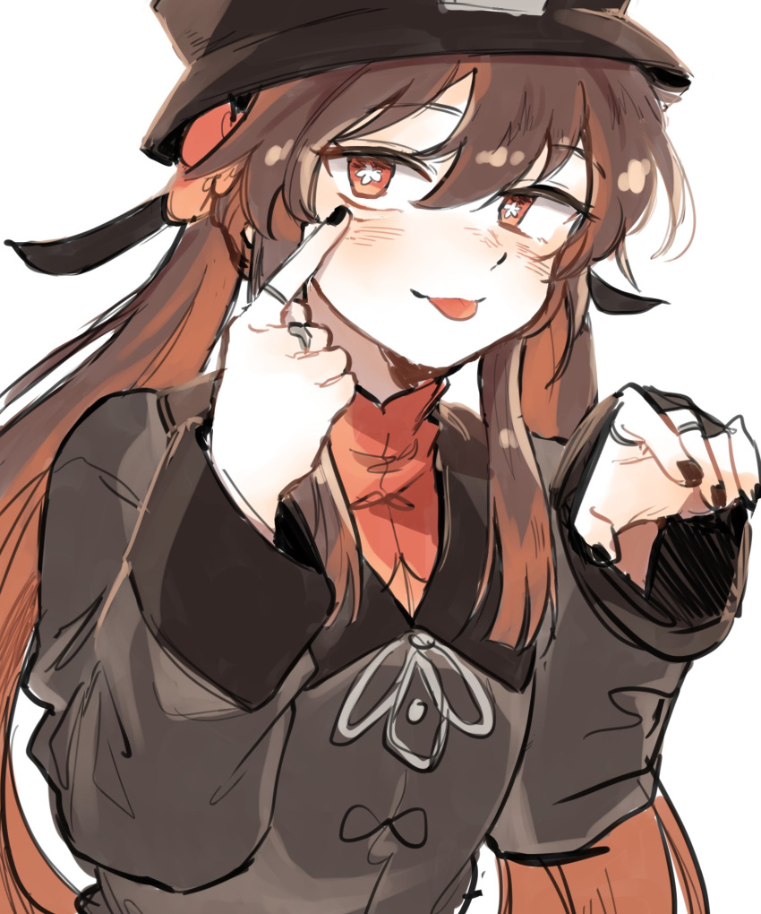 1girl akanbe bangs black_headwear black_nails blush brown_hair commentary_request finger_to_eye flower-shaped_pupils genshin_impact hat highres hu_tao_(genshin_impact) isaraa_005 jewelry korean_commentary long_hair long_sleeves low_twintails multiple_rings red_eyes ring sidelocks simple_background solo symbol-shaped_pupils tongue tongue_out twintails upper_body white_background