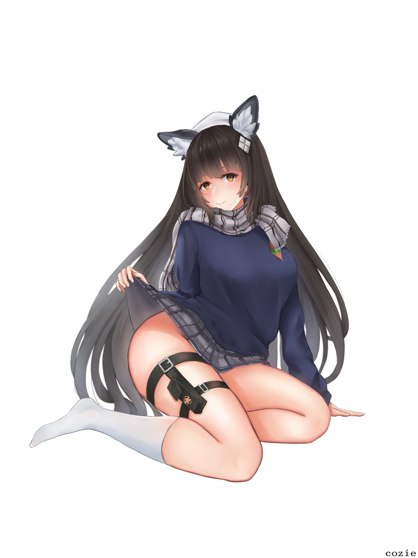 1girl absurdres animal_ears artist_name bangs black_hair blue_shirt blush closed_mouth clothes_lift cozie178 eyebrows_visible_through_hair girls_frontline grey_scarf grey_skirt hair_between_eyes hand_on_floor highres long_hair looking_at_viewer no_shoes on_floor scarf school_uniform shirt skirt skirt_lift smile socks solo type_95_(girls'_frontline) white_background white_legwear yellow_eyes