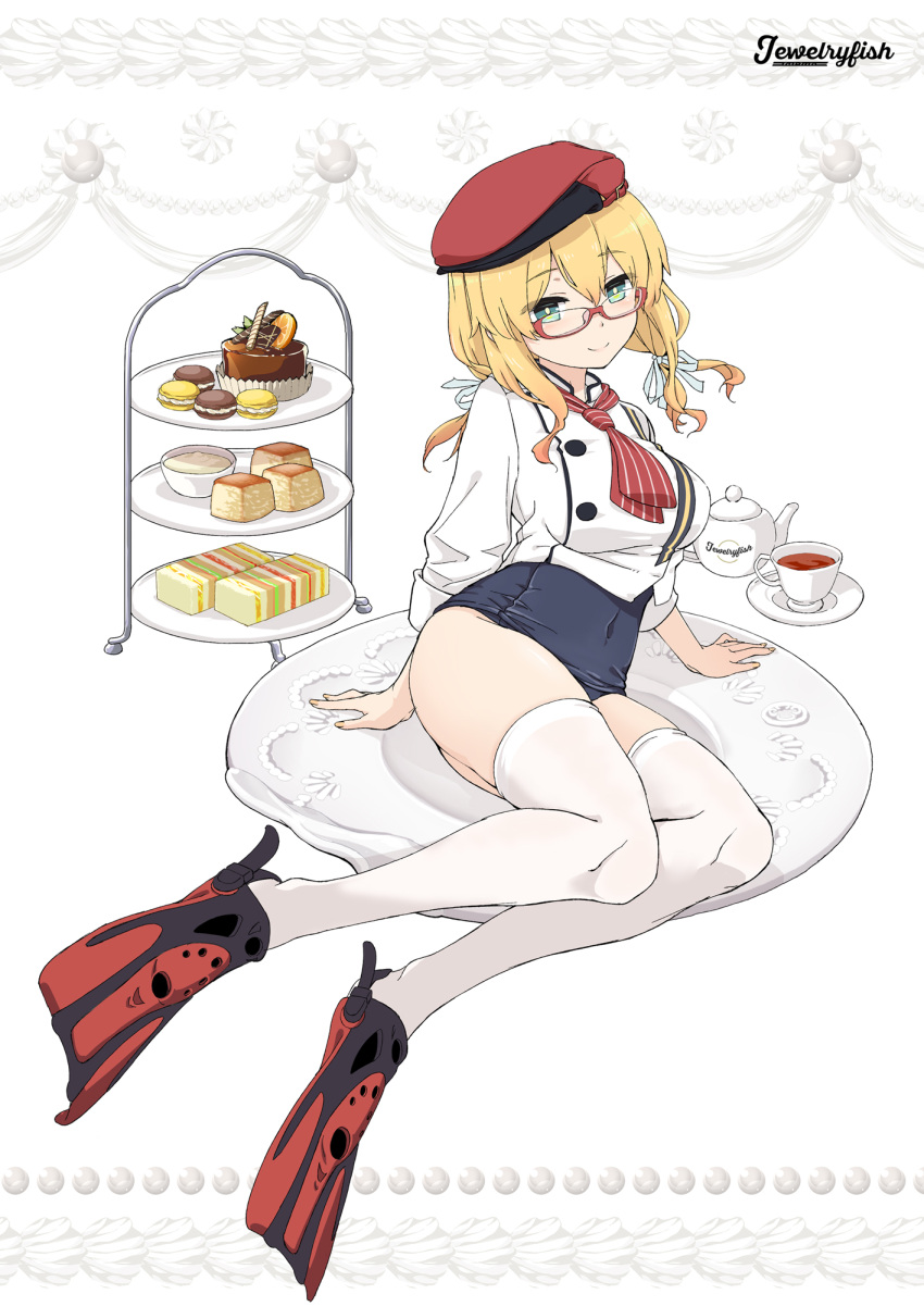 1girl aka_ringo beret black_swimsuit black_tea blonde_hair blue_eyes breasts cake closed_mouth cup food full_body glasses hat highres i-8_(kancolle) kantai_collection large_breasts long_hair long_sleeves macaron one-piece_swimsuit red-framed_eyewear red_headwear sandwich semi-rimless_eyewear shirt smile solo swimsuit swimsuit_under_clothes tea thigh-highs webbed_feet white_legwear white_shirt