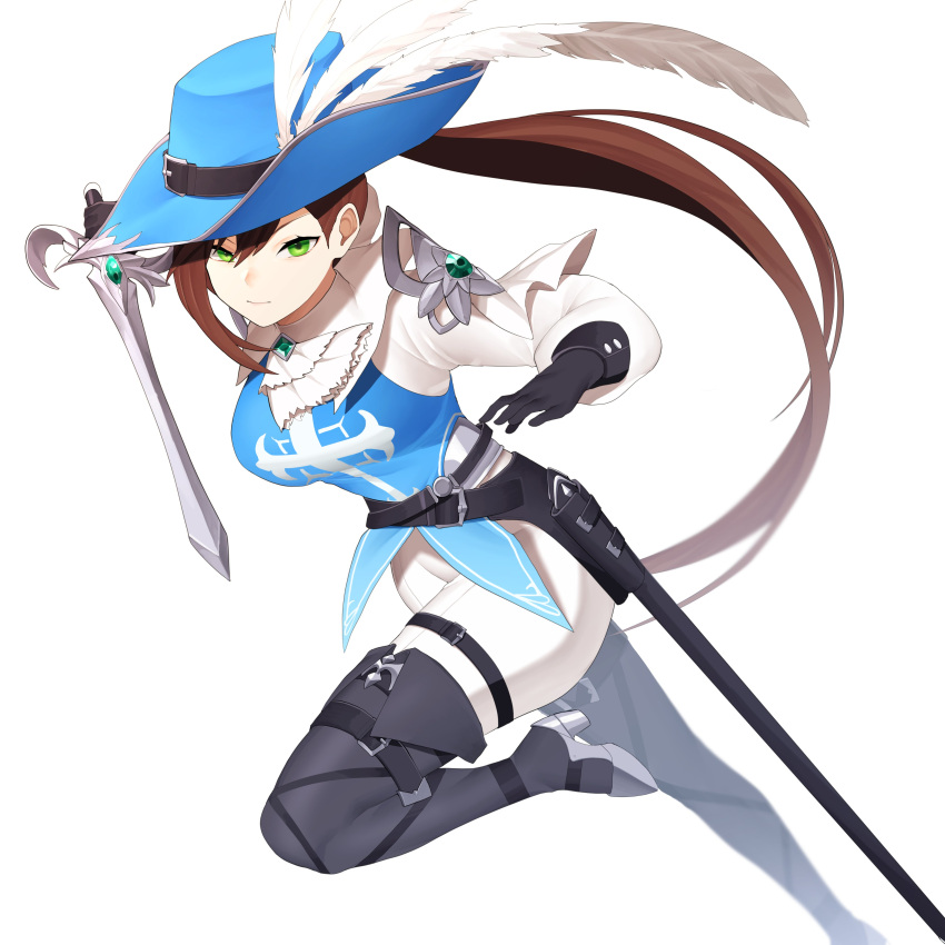 1girl absurdres black_survival bobby36446329 boots breasts brown_hair feathers fiora_pellerin green_eyes hat highres large_breasts musketeer official_alternate_costume pants ponytail rapier simple_background sword thigh-highs thigh_boots weapon white_background white_pants