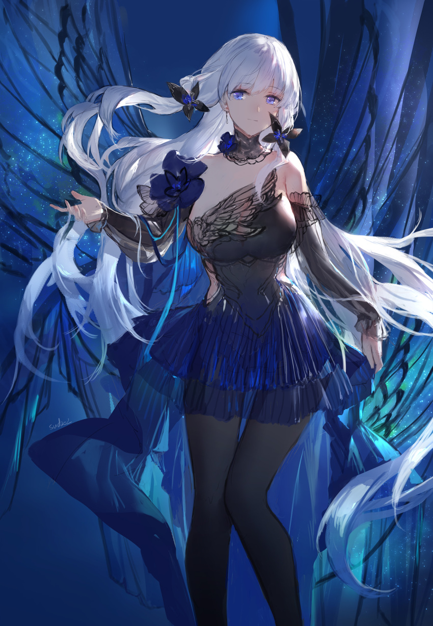 1girl absurdres azur_lane bangs bare_shoulders blue_skirt blush bodystocking breasts detached_collar detached_sleeves earrings hair_ribbon highres illustrious_(azur_lane) jewelry large_breasts long_hair looking_at_viewer ribbon skirt smile solo swd3e2 thighs tress_ribbon tri_tails