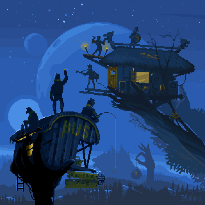 animated animated_gif bottle drum fire fish fishing_rod guitar hands highres holding holding_microphone instrument ladder microphone music night night_sky original outdoors pixel_art planet playing_instrument scenery sign sitting sky speaker tree treehouse twitter_username weilard wind window