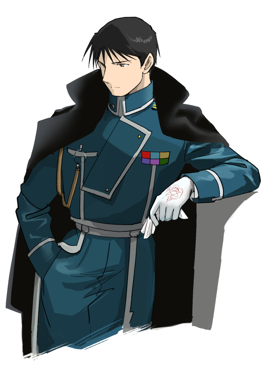 1boy aiguillette amestris_military_uniform black_coat black_eyes black_hair blue_jacket blue_pants buttons closed_mouth clothes_writing coat coat_on_shoulders collared_jacket cropped_legs double-breasted elbow_rest facing_viewer fullmetal_alchemist gloves gloves_removed half-closed_eyes hand_in_pocket high_collar highres holding holding_clothes holding_gloves jacket looking_afar magic_circle male_focus military military_jacket military_uniform open_clothes open_coat pants roy_mustang serious shadow simple_background spiky_hair standing tsurime uniform urikurage white_background white_gloves