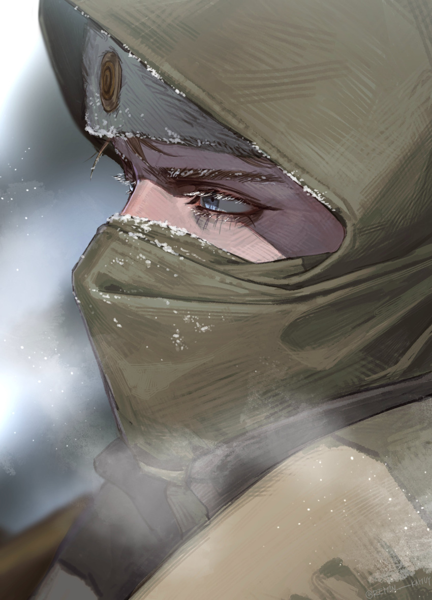 1boy absurdres blue_eyes blurry blurry_background breath copyright_request covered_mouth depth_of_field face hat highres looking_ahead male_focus mask profile reman_kamuy snow solo winter_clothes