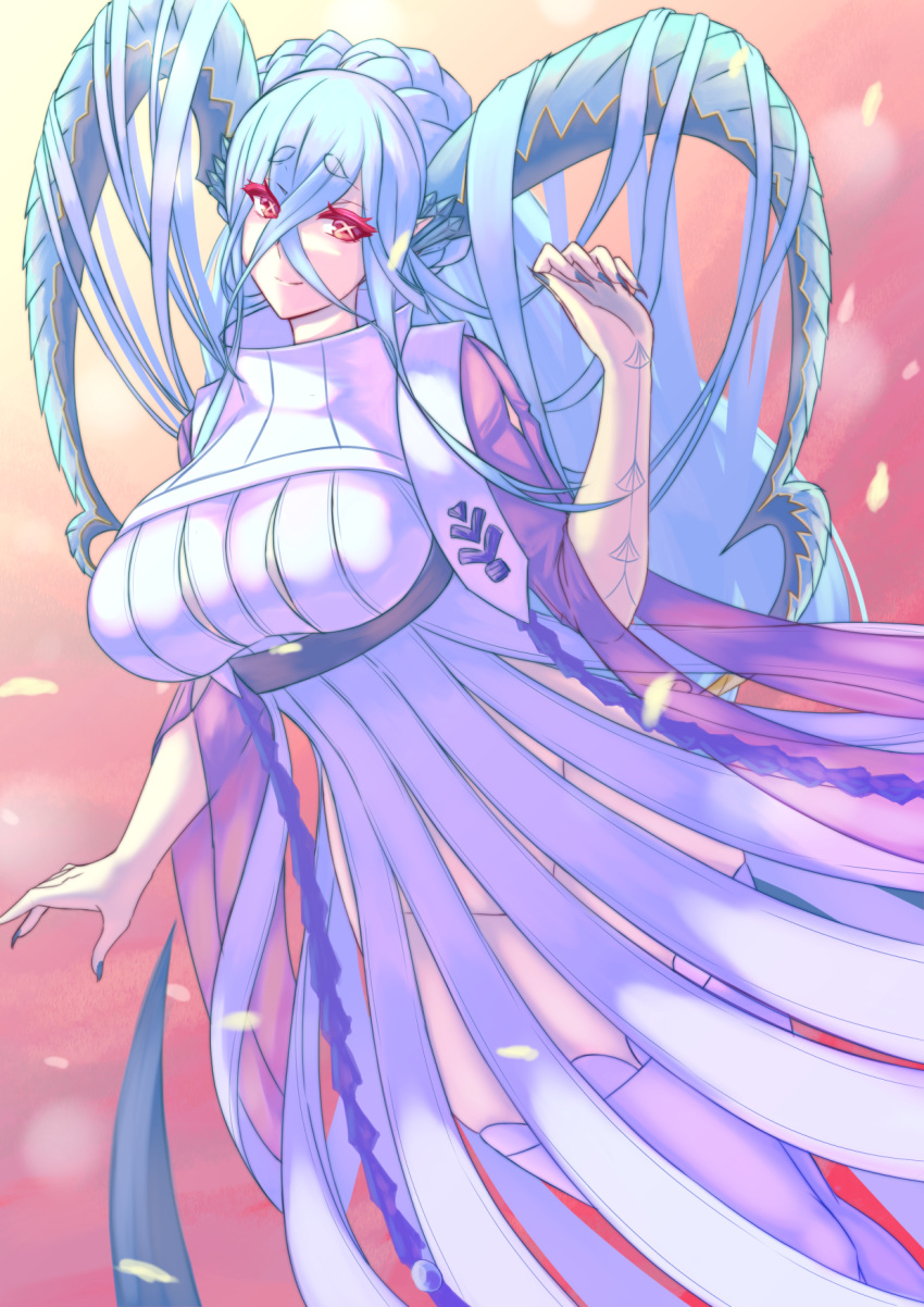 +_+ 1girl body_markings braid breasts closed_mouth curled_horns dress fate/grand_order fate/grand_order_arcade fate_(series) flying_toaster gradient_sky hair_between_eyes highres horns large_breasts larva_tiamat long_hair long_horns long_sleeves looking_at_viewer orange_sky petals pink_sky pointy_ears red_eyes ribbed_dress sidelocks silver_hair sky smile solo symbol-shaped_pupils tail thigh-highs thighs tiamat_(fate) very_long_hair white_dress white_legwear