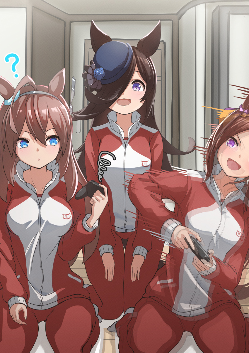 3girls ? afterimage ahoge animal_ears blue_eyes breasts brown_hair controller flower_in_eye game_controller hair_between_eyes hair_over_one_eye highres holding holding_controller holding_game_controller horse_ears horse_girl horse_tail jacket kamikumo_(km_kamikumo) leaning_to_the_side long_hair long_sleeves mihono_bourbon_(umamusume) motion_lines multiple_girls open_mouth pants pink_eyes rice_shower_(umamusume) sakura_bakushin_o_(umamusume) sitting symbol_in_eye tail track_jacket track_pants track_suit umamusume violet_eyes wariza