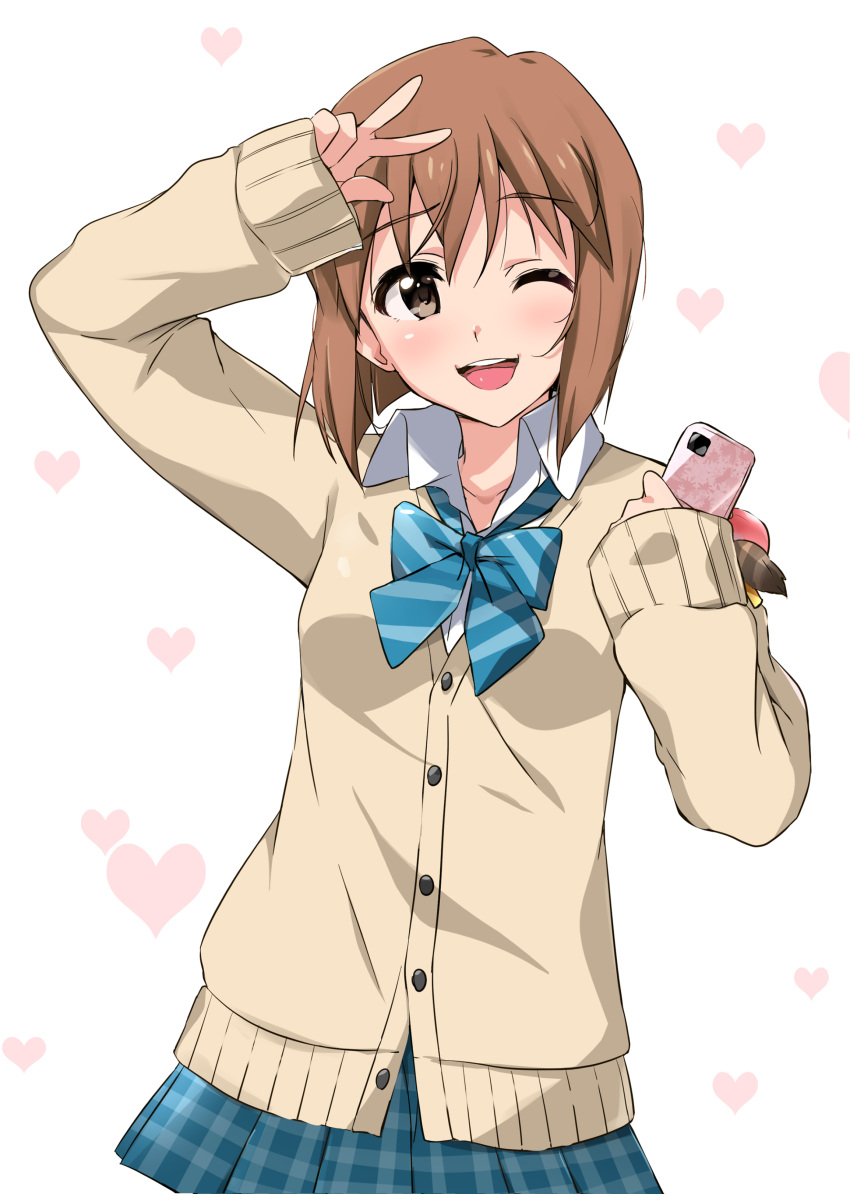 1girl :d absurdres blue_bow blue_bowtie blue_skirt bow bowtie cardigan cellphone diagonal-striped_bow diagonal-striped_neckwear diagonal_stripes dress_shirt eyebrows_visible_through_hair hagiwara_yukiho heart highres holding holding_phone idolmaster idolmaster_(classic) looking_at_viewer miniskirt one_eye_closed open_mouth phone plaid plaid_skirt pleated_skirt school_uniform shirt skirt smartphone smile solo standing striped striped_bow striped_bowtie sweater tokiani w white_background white_shirt wing_collar yellow_sweater