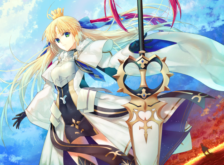 1girl ahoge armor artoria_pendragon_(caster)_(fate) artoria_pendragon_(fate) bangs black_gloves black_legwear blonde_hair blue_ribbon breastplate breasts closed_mouth commentary cowboy_shot crown dress eyebrows_visible_through_hair facial_mark fate/grand_order fate_(series) fire forehead_mark forehead_tattoo fur_trim gloves green_eyes hair_ribbon highres kuroaki long_hair long_sleeves looking_at_viewer marmyadose_(fate) medium_breasts outdoors outstretched_arms parted_bangs ribbon sky solo spread_arms standing very_long_hair weapon white_dress wide_sleeves