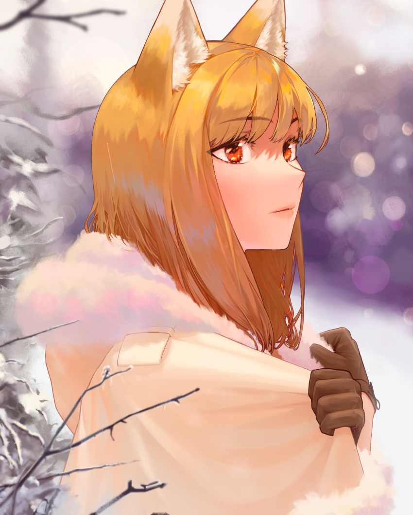 1girl absurdres animal_ears bangs blush branch brown_hair fox_ears gloves highres holo jacket long_hair looking_away portrait red_eyes sebyxtan snow solo spice_and_wolf winter