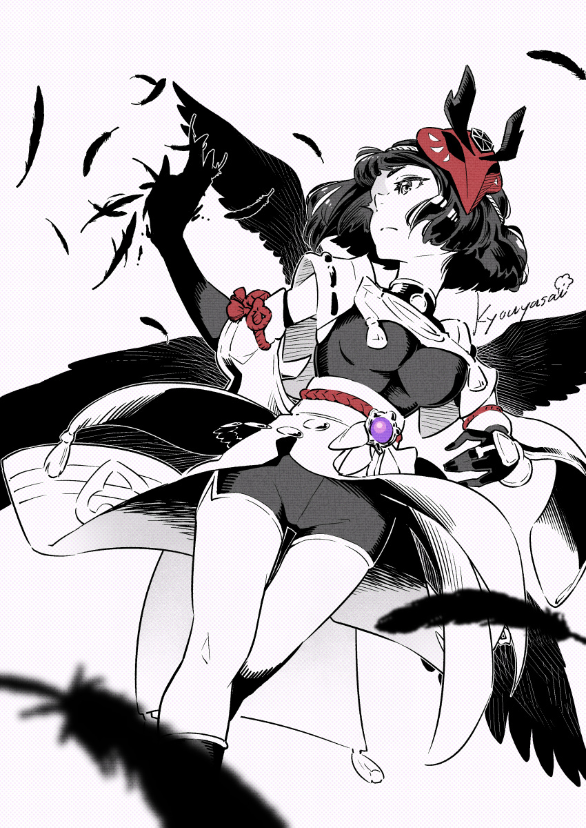 1girl absurdres artist_name bodysuit breasts closed_mouth cowboy_shot elbow_gloves feathers genshin_impact gloves highres japanese_clothes kujou_sara kyouyasai4423 large_breasts limited_palette looking_afar mask mask_on_head short_hair shorts solo spot_color tengu_mask vision_(genshin_impact) wings