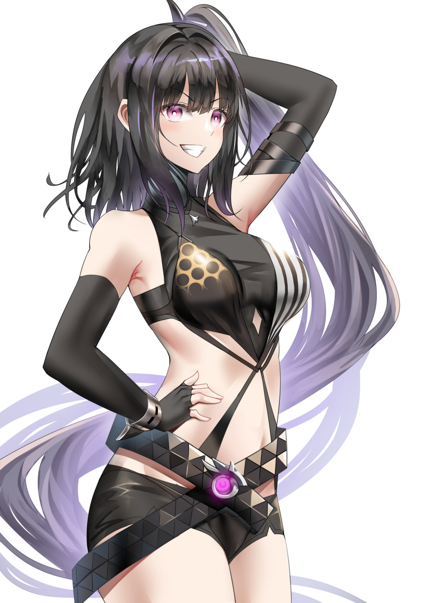 1girl architect_(girls'_frontline) architect_(type_nvw)_(girls'_frontline) arki_arasy arm_behind_head bangs black_gloves black_hair black_shorts black_tank_top breasts elbow_gloves eyebrows_visible_through_hair feet_out_of_frame fingerless_gloves girls_frontline gloves hand_on_hip highres long_hair looking_at_viewer medium_breasts navel open_mouth sangvis_ferri shorts smile solo standing tank_top teeth very_long_hair violet_eyes white_background