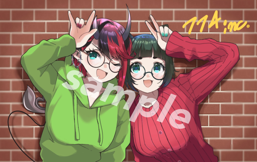 2girls 774_inc. alternate_costume animal_ears animare bangs black-framed_eyewear black_hair blue_eyes blue_nails blunt_bangs blush bob_cut breasts brick_wall commentary_request commission demon_girl demon_horns demon_tail dog_ears glasses green_hair green_hoodie hashiba_natsumi_(animare) highres hood hoodie horns large_breasts looking_at_viewer multicolored_hair multiple_girls nail_polish open_mouth pointy_ears red_nails red_sweater redhead ribbed_sweater round_eyewear ryugasaki_rene sample short_hair skeb_commission smile sugar_lyric sweater tail thick_eyebrows two-tone_hair upper_body v virtual_youtuber zono_(inokura_syuzo029)