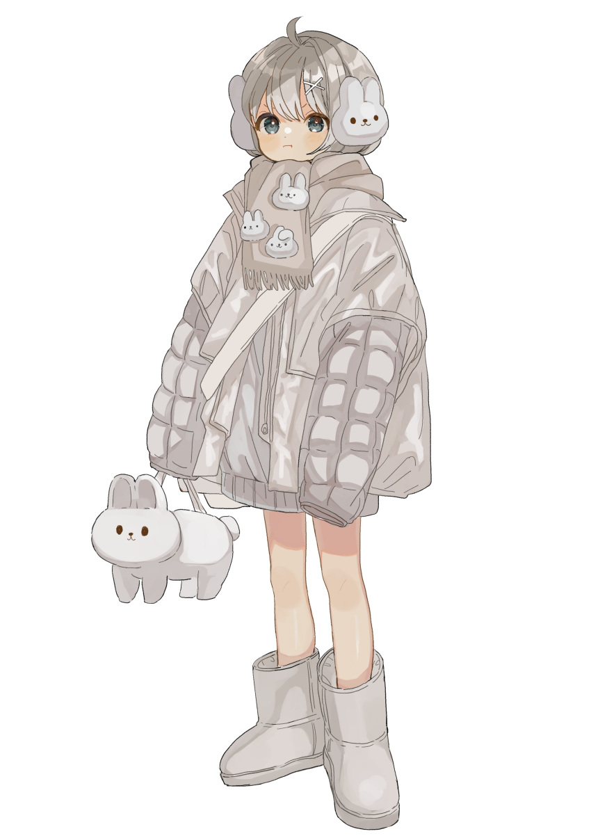 1girl :t absurdres ahoge animal_bag animal_print bag bunny_bag bunny_earmuffs bunny_print earmuffs grey_footwear grey_hair grey_jacket grey_scarf hair_ornament highres holding holding_bag jacket long_sleeves maple_(abc2215) original pout scarf short_hair simple_background sleeves_past_fingers sleeves_past_wrists solo symbol-only_commentary white_background x_hair_ornament