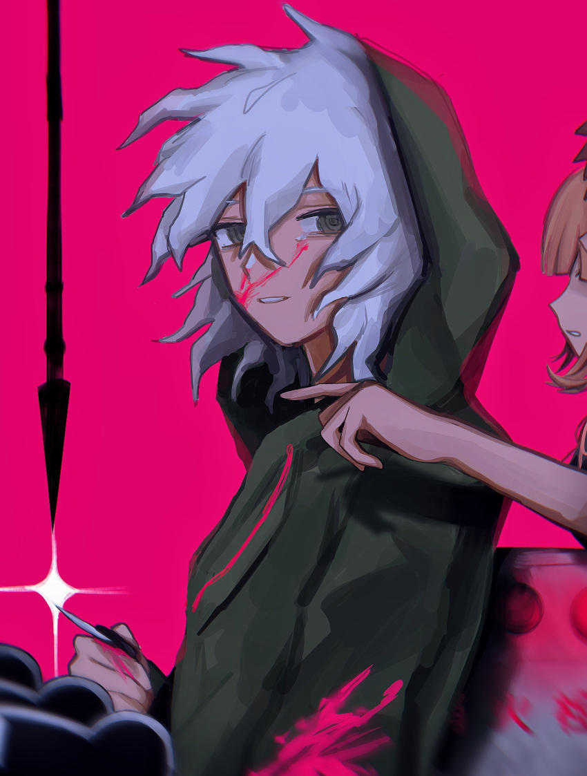 1girl 2boys absurdres bangs blood blood_on_face blunt_bangs brown_eyes brown_hair danganronpa_(series) danganronpa_2:_goodbye_despair eyebrows_visible_through_hair green_jacket grey_hair hair_between_eyes highres hinata_hajime holding holding_knife hood hood_up jacket knife komaeda_nagito messy_hair multiple_boys nanami_chiaki parted_lips pink_background pink_blood polearm simple_background solo_focus spear spoilers upper_body uyu_(uyuchaxx) weapon