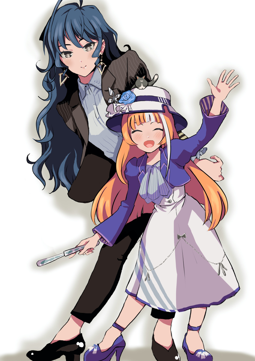 2girls absurdres akikawa_yayoi_(umamusume) bangs black_hair blunt_bangs brown_eyes closed_eyes commentary_request earrings facing_viewer folding_fan formal hand_fan hat highres jacket jewelry kashimoto_riko long_hair long_skirt looking_at_viewer multicolored_hair multiple_girls orange_hair pant_suit pinstripe_pattern pinstripe_suit pose pumps purple_jacket simple_background skirt smile striped suit sun_hat teranishi_kizoku two-tone_hair umamusume white_background white_hair white_skirt